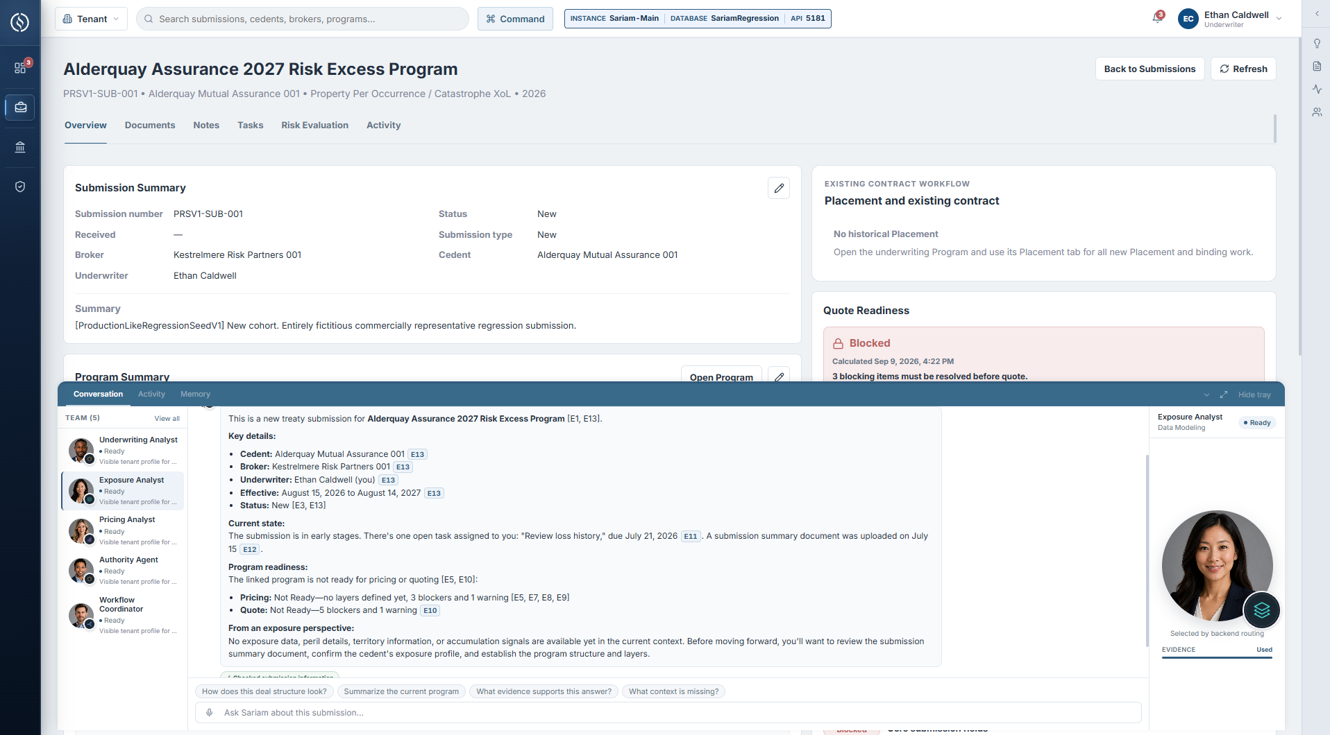 Sariam reinsurance submission workspace showing underwriting context, quote readiness, and an AI-assisted conversation grounded in evidence