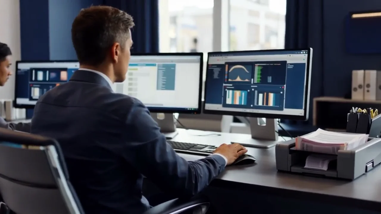 An insurance professional working across digital systems at a multi-monitor workstation